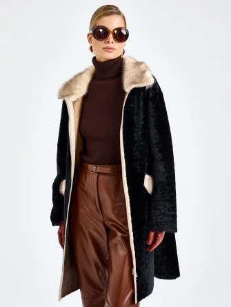 Черная женская дубленка из астрагана с мехом норки премиум класса 2018-1