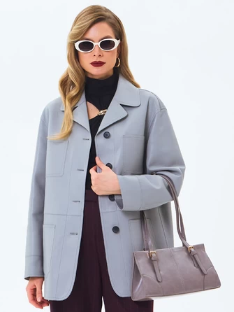 Серый женский кожаный пиджак премиум класса 3092-0