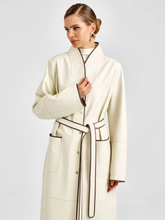 Белый женский кожаный плащ премиум класса 3104-0